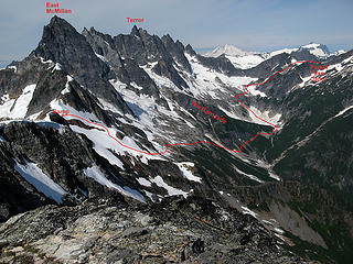 The entire route across McMillan Cirque (looking back from the far end)