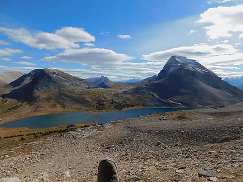 Ptarmigan Lake, Heather Ridge (?) left and Redoubt Mtn right, Redoubt Lake tucked in between just peaking out