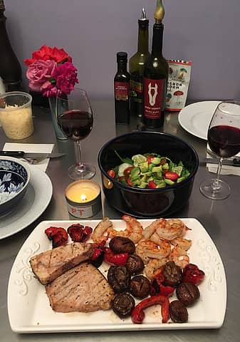 grilled wild Argentine shrimp, swordfish, mushrooms and red pepper with salad 082921