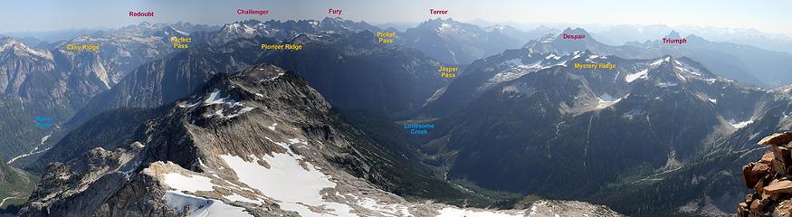 Wider view east into the Pickets, some of the wildest terrain in the Cascades; not a single trail runs through any pass, ridge, valley, or peak in the center of this photo