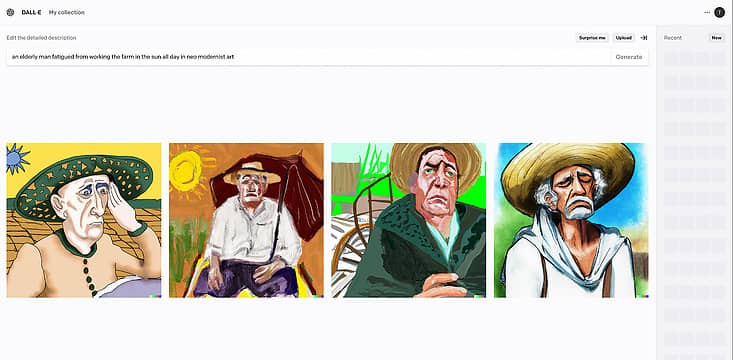 an elderly man fatigued from working the farm in the sun all day in neo modernist art