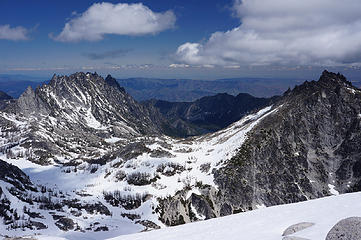 From Little Annapurna, looking down to Upper Snow Lake between The Temple (left) and McClellan (right)