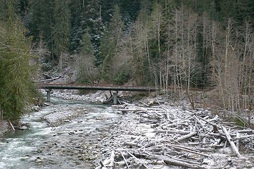 Bridge over the Whitechuck from Bench trail - logjam deposited by 2003 floods