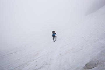 Skiing down in the cloud