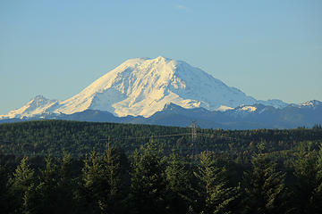 Telephoto of Rainier from my den window in Maple Valley Pitcher Mtn is center right in foreground