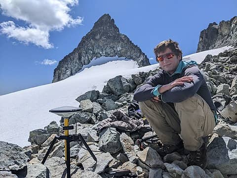 Measuring the key col elevation for Solitude Peak with the differential GPS unit, June 2023