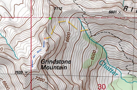 green dot: saddle on the north ridge;  orange dot: 7400ft point to cross the ridge