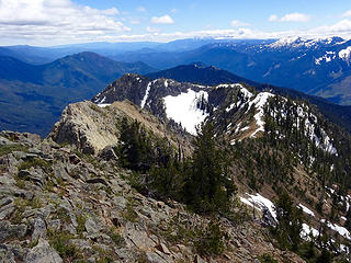 The ridge all the way back to where I started. Estes Butte Lookout site barely visible between the double summits of Estes Butte.