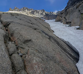 These slabs got steep with poor holds 20 feet up.  I ascended this ice crusted snow finger. ~8400 ft