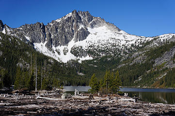 Log jam at Upper Snow Lake with McClellan in the background