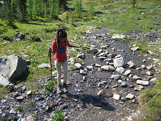 Sahale at one of the many stream crossings in the meadows