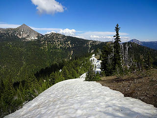 On the Bismarck Peak Trail. Snow still covers the trail where it crosses to the north side of the ridge.