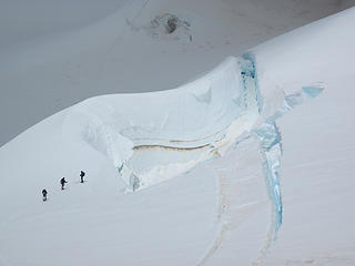 Snowshoers inspecting a crevasse