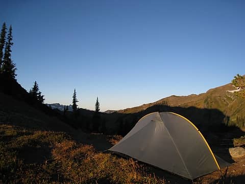 morning light on tent atop boulder pass