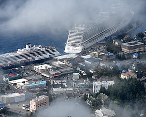 Seen through the clouds looking down from the top of Deer Mountain. There were four cruise ships in with 15,000 passengers and crew.