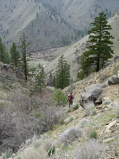 Steve working his way to the side of the ridge down into the canyon directly in front of the Swakane TH
