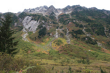 Mt.Sefrit. When I climbed it in 1967,  we crossed Ruth Cr. here (1/2 mi. along trail), climbed the slabs next to the stream in center, then ascended up and left to the ridge. Summit is on right.