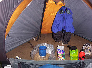 Dinner cooked and ate inside my tent.