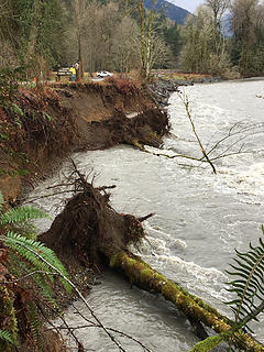Flood damage to river bank near Madison Falls parking area. 112818 NPS Photo