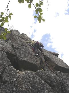Taehee leading on lower Mountaineers Buttress