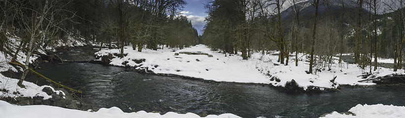 The new east branch of the Elwha River is on the left and the main west branch of the Elwha is on the right side of the image.  The currently closed-to-vehicles Olympic Hot Springs Road extends south in the middle of this image.