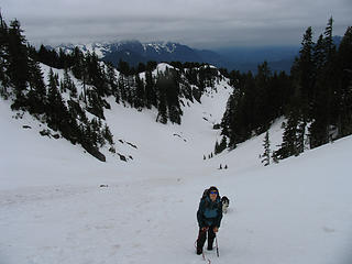 Aidan starting the climb out of the snow basin.