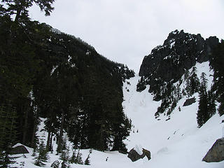 Entering the snow basin. Climbing groups can be seen kicking steps for us ::) up the gully toward the notch.