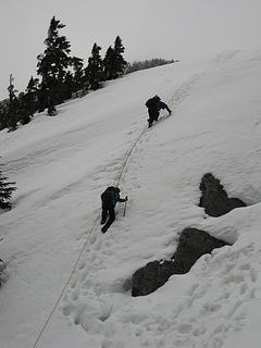 The steep snow pitch out of the notch.