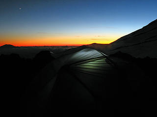 Mount Saint Helens, Venus, and camp at twilight at 10 at night