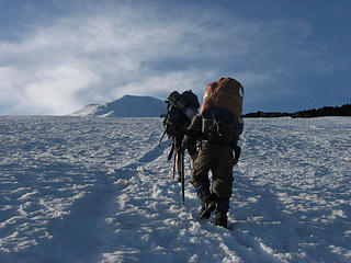 The steep ascent to base camp, with Mt Adams' summit in background