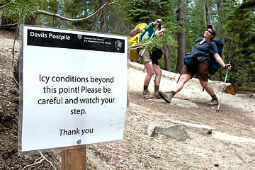 Hikers caught in treacherous conditions at Devils Postpile National Monument.