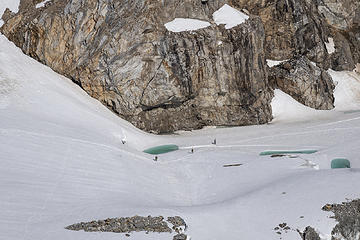Three skiers in Colonial Glacier Basin
