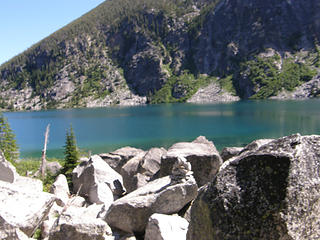 Views back over Colchuck Lake from boulders.