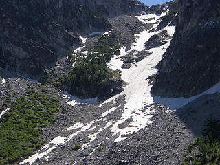Looking up Aasgard pass from boulders.