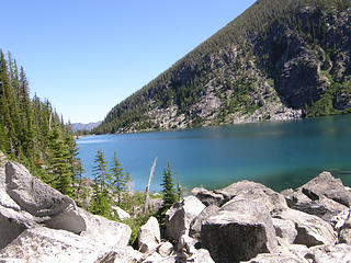 Views back over Colchuck Lake from boulders.