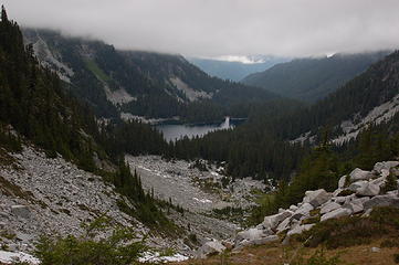 Looking down at Glacier Lake from Surprise Pass