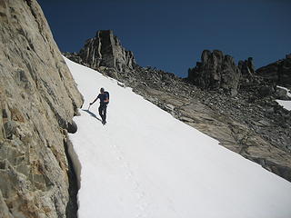 Jake heading down from the East/West col to our scramble ledge
