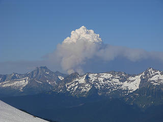 A wildfire brewing east of Bonanza Peak, minutes after arriving at Glacier Gap