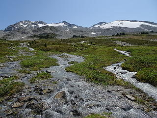 Braided creek above camp (draining glaciers on Stanza Peak)