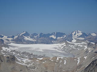 Across Loes Glacier to Monmouth area peaks