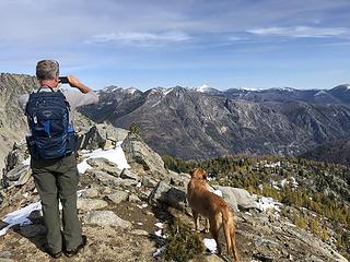 Barry and Cooper looking toward Pyramid Peak in the distance on the horizon - the snowy one!
