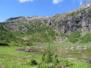 South ridge of Crater from the lake. Trail goes up left edge of photo to gain ridge