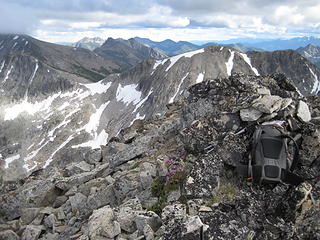 Jeff's photo of Trailblazer summit cairn and pack