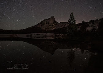 Later evening at Lower Cathedral Lake with lights of climbers on Cathedral Mtn.