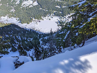 View down cliffs to lower Granite Lake from Dirty Harry summit