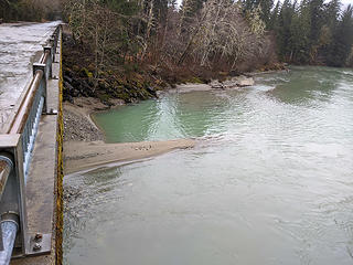 New sand spit below down valley pier and a new swimming hole