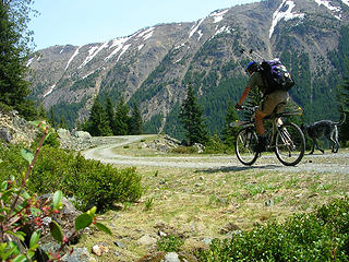 Mountain biking the Wells Creek Rd with skis attached. Barometer Mountain from Wells Creek Rd near Mt Baker