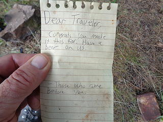 Note at trashy campsite. No beer in sight.