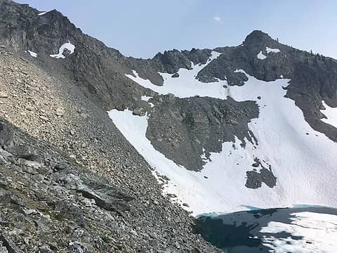 Class 4 downclimb ends between two small snow patches (easy class 2 just to the left)