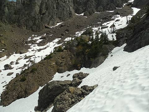 Across this snow patch past the trees on the upper right into the gully